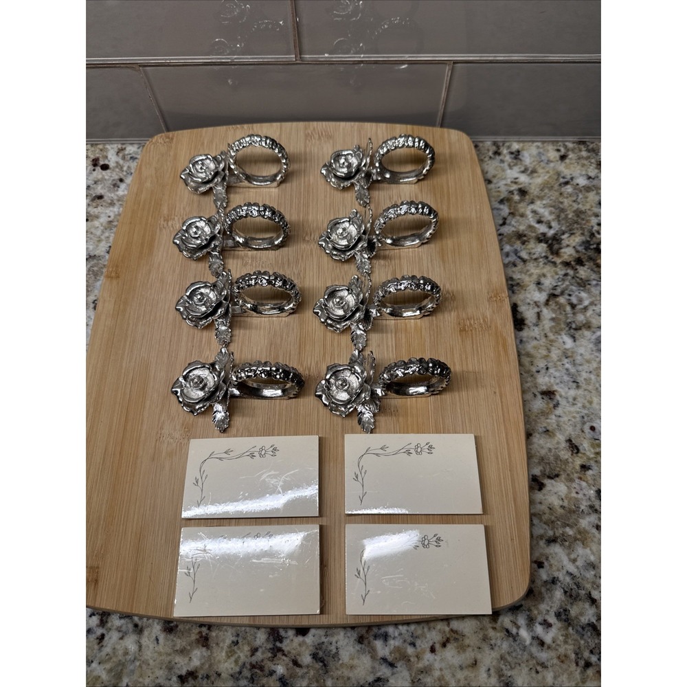 Vintage Silver Tone Metal Rose Design Princess House Victorian Rose Set Of 8